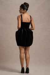 Bonet | Black Strappy Structured Velvet Mini Dress With Bow Detail