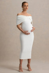 Droplet | White Bow Bardot Maternity Midi Dress