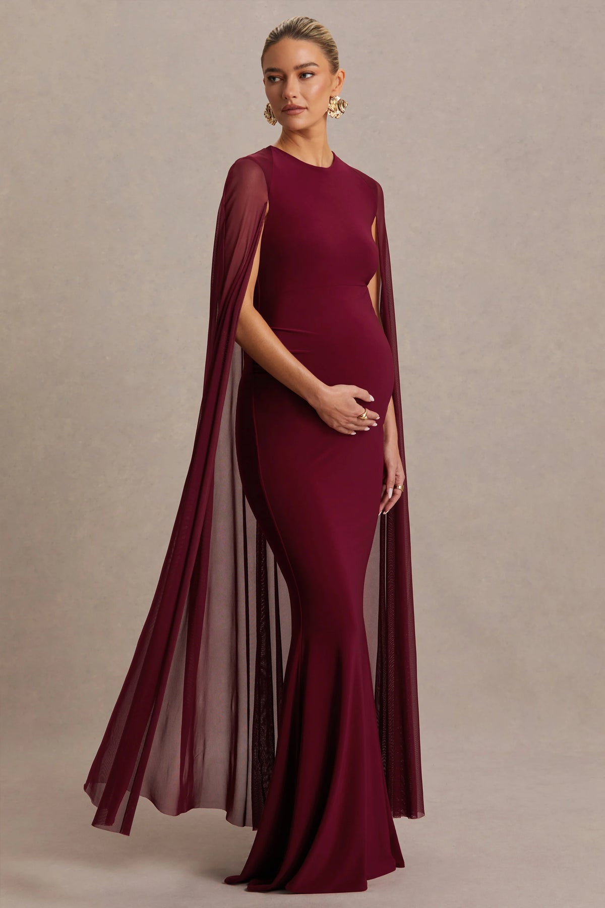 Currant | Berry High-Neck Maternity Maxi Dress With Cape
