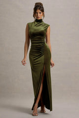 Abilene | Olive Velvet High-Neck Split Maxi Dress