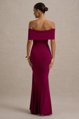 Delma | Burgundy Bardot Maxi Dress With Drape Detail