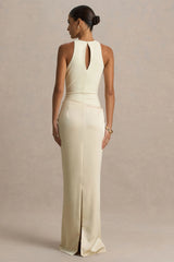 Akari | Champagne Crew-Neck Maxi Dress With Satin Skirt