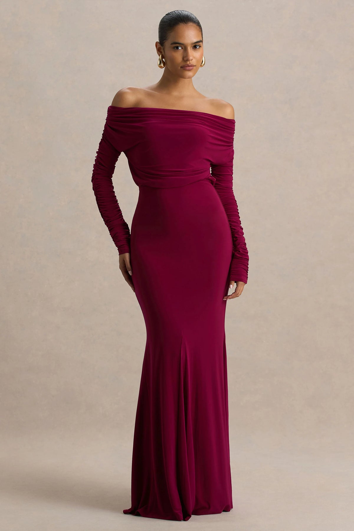 Cilla | Burgundy Bardot-Neck Maxi Dress With Ruched Detailing