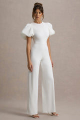 Dillon | White Puff-Sleeve Straight-Leg Jumpsuit