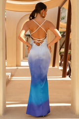 Fiji | Blue Ombre Satin Cowl-Neck Strappy Slip-Maxi Dress