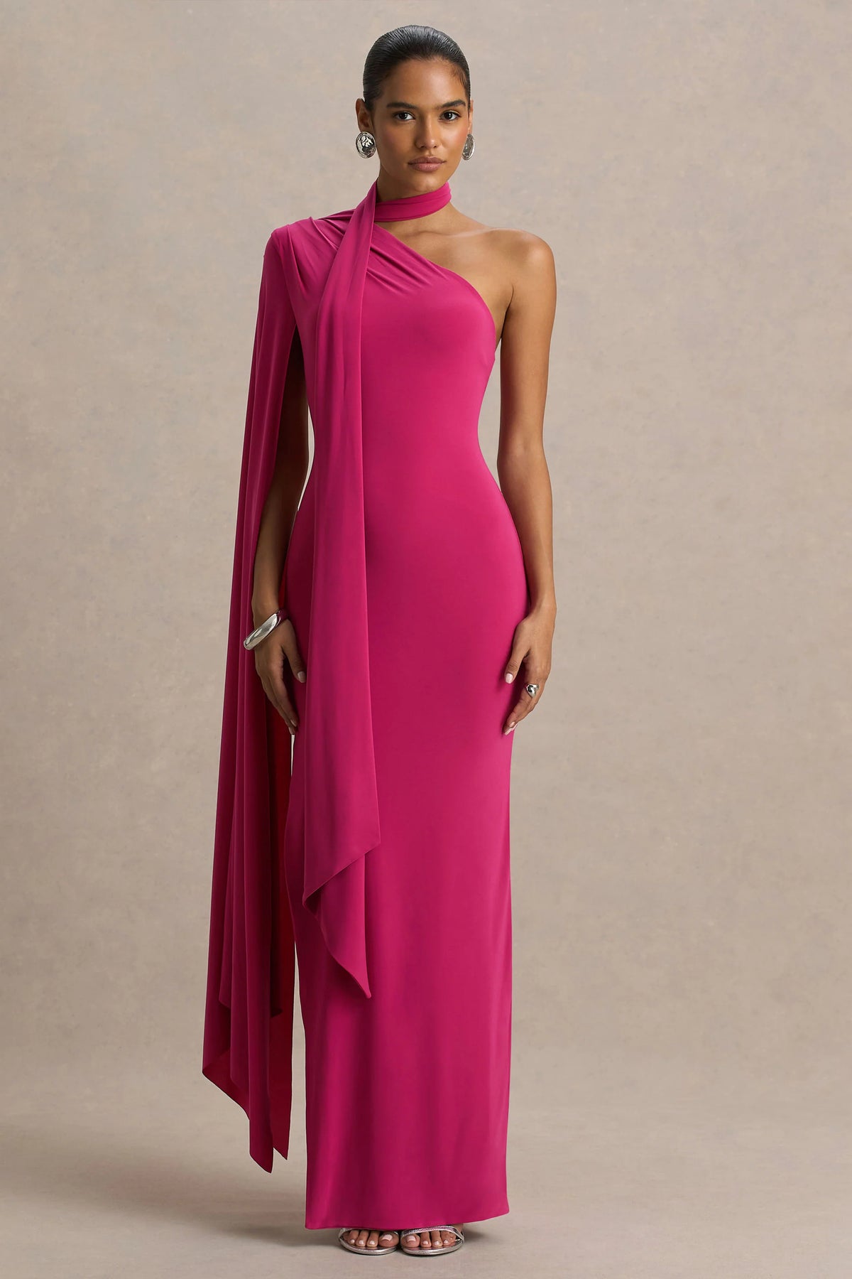 Amal | Hot Pink Asymmetric-Neck Maxi Dress With Scarf and Cape Detail