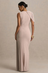 Brenda | Champagne Crew-Neck Maxi Dress With Mesh Cape And Sash