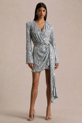 Carmina | Silver Sequin Plunge-Neck Wrap Mini Dress With Sash Detail