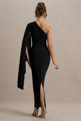 Clementina | Black Asymmetric Cape Sleeve Maxi Dress