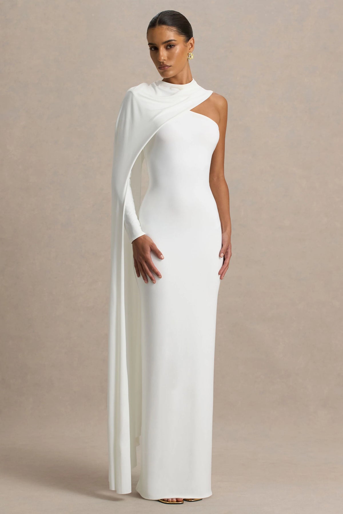 Dawn | Cream High-Neck Maxi Dress With One Long Cape-Sleeve