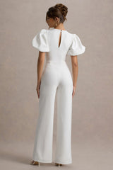 Dillon | White Puff-Sleeve Straight-Leg Jumpsuit