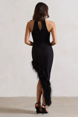 Brilliance | Black Asymmetric Maxi Dress With Feather Trim