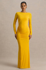 Diva | Yellow Slashed-Neck Maxi Dress With Ruched Detailing
