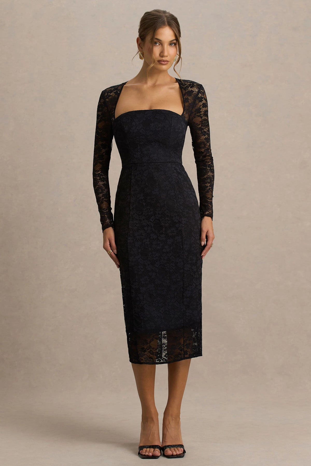 Alissa | Black Lace Square-Neck Midi Dress