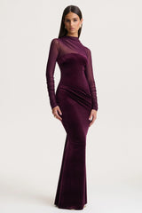Cambria | Plum Velvet High-Neck Maxi Dress With Draped-Detailing