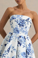 Fiorenza | Blue Porcelain Print Bandeau Mini Dress With Volume Skirt
