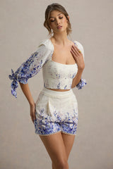 Bibi | Wisteria Print Linen Puff-Sleeve Top