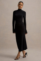 Cassandra | Black High-Neck Long-Sleeve Midi Dress