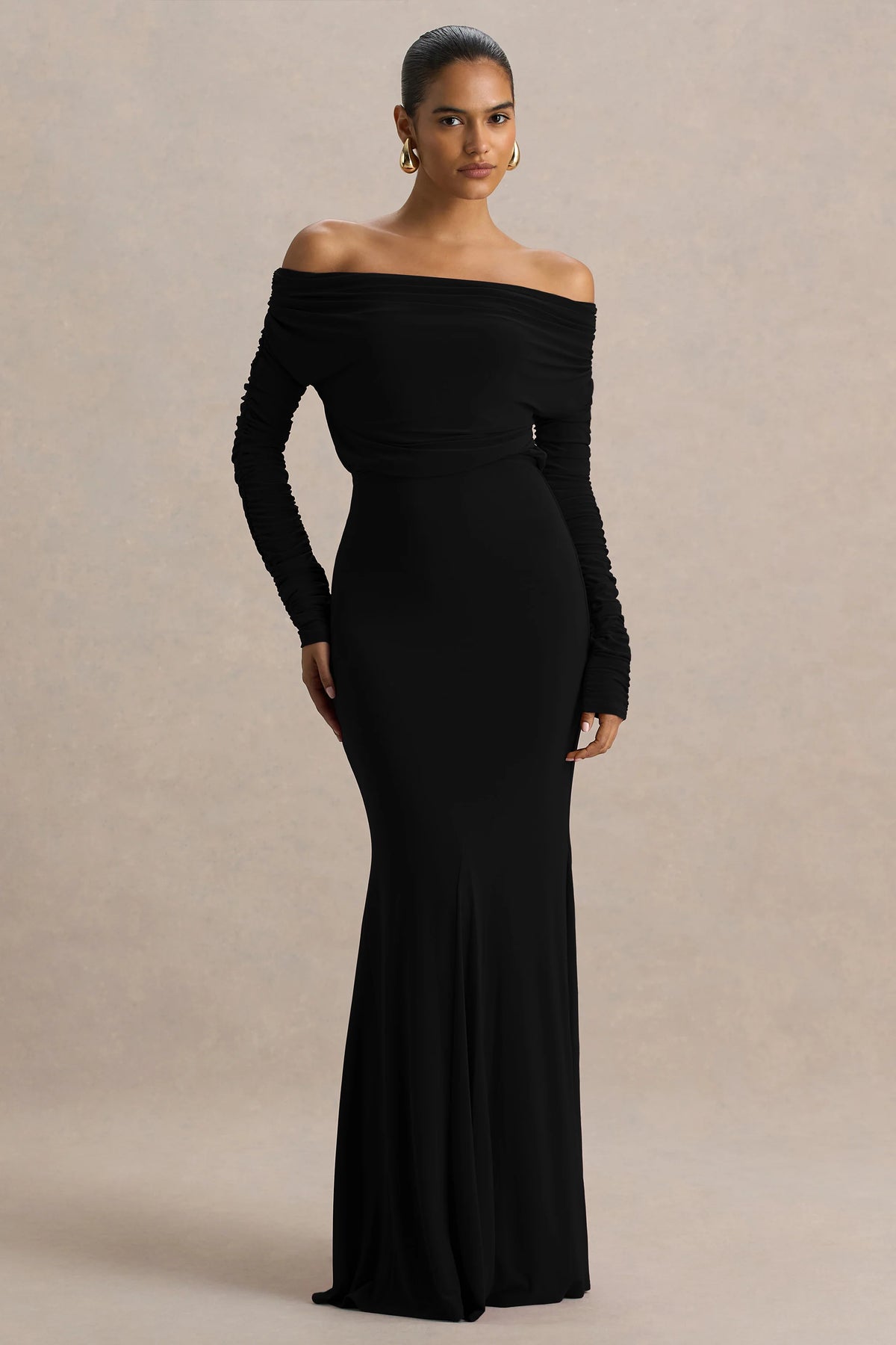 Cilla | Black Bardot-Neck Maxi Dress With Ruched Detailing