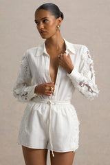 Coconut | Ecru Linen Button-Up Shirt With Lace Detail