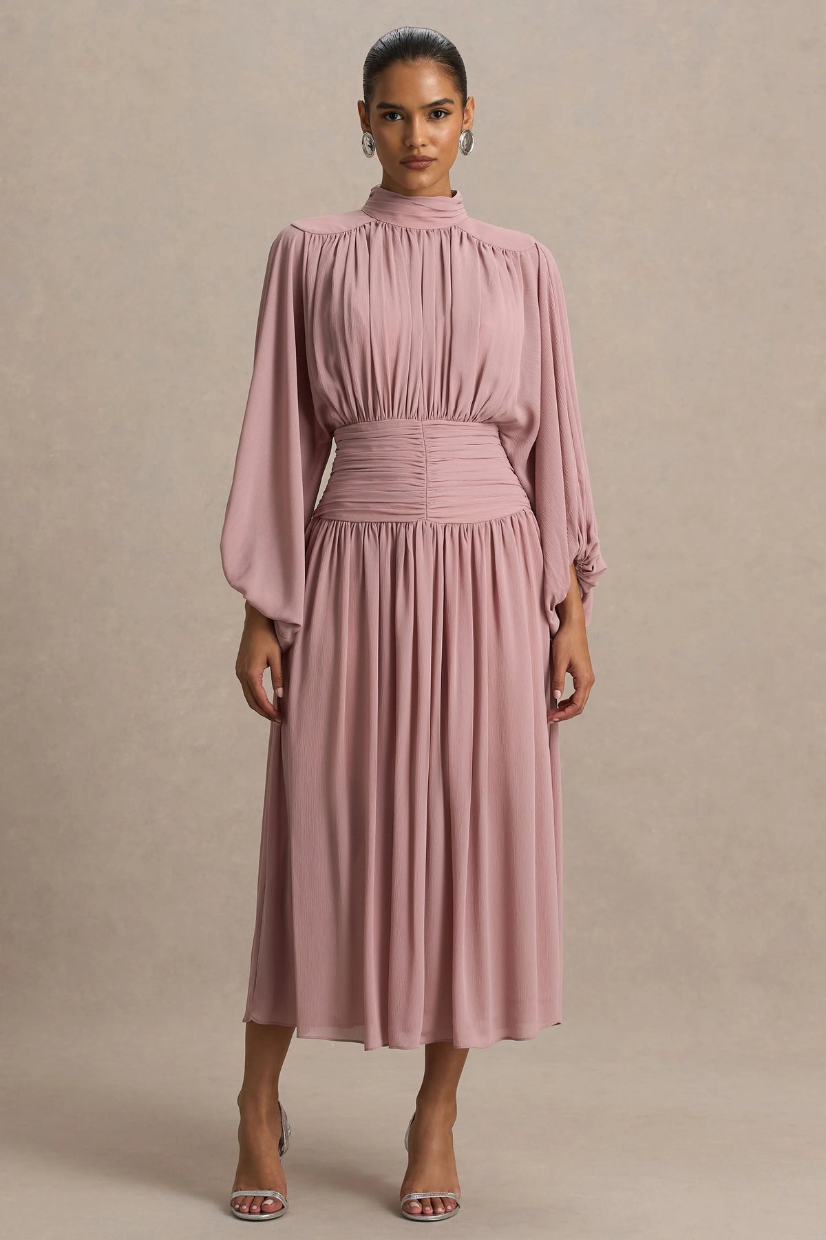 Annabel | Dusty Pink High-Neck Midi Dress With Drop-Waist And Pleated Detailing
