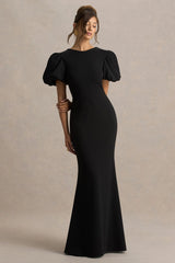 Carolina | Black Puff-Sleeve Maxi Dress With White Bow Detail
