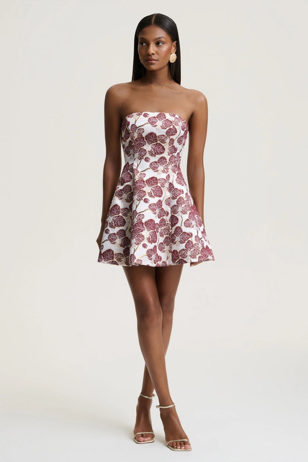 Federica | Burgundy And Gold Jacquard Bandeau A-Line Mini Dress