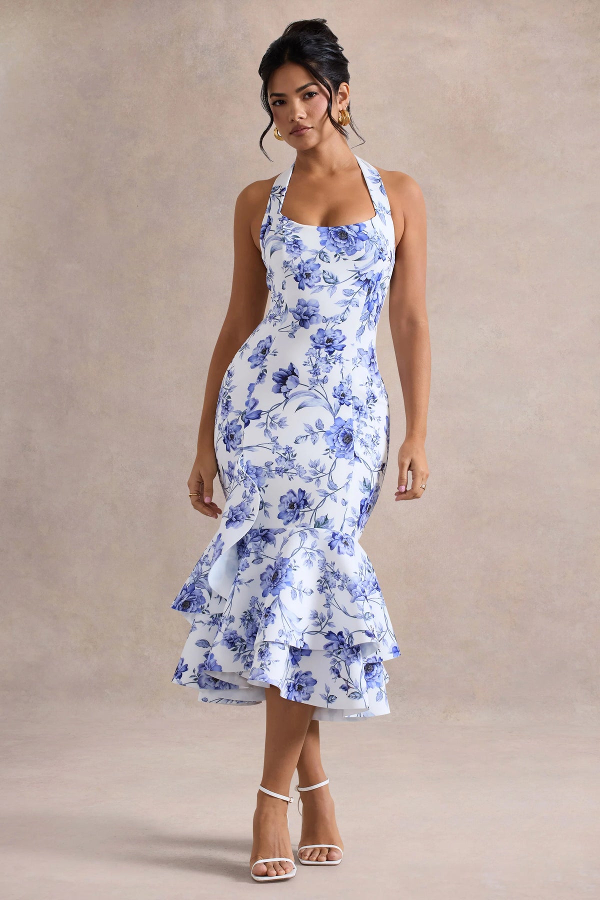 Arla | Blue Floral Halter-Neck Ruffle Trim Midi Dress