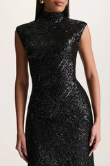 Cecy | Black Sequin High-Neck Maxi Dress With Cap Sleeves