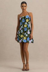 Aisha | Black Floral Embellished Square-Neck Mini Dress