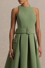 Elisia | Olive Crew-Neck Belted Midi Dress