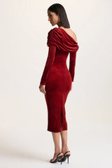 Eirene |  Red Velvet Asymmetric-Neck Midi Dress
