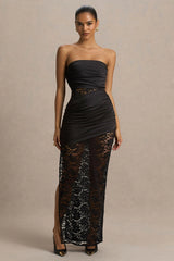 Dulcie | Black Lace And Satin Bandeau Midaxi Dress With Wrap-Details