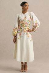 Dahlia | White Floral Border Print High-Neck Midi Dress