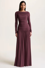 Aniyah | Burgundy Slashed-Neck Maxi Dress With Ruched Detailing