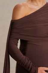 Cyra | Brown Bardot-Neck Maternity Maxi Dress With Sash