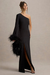 Armina | Black One-Shoulder Feather-Trim Maxi Dress
