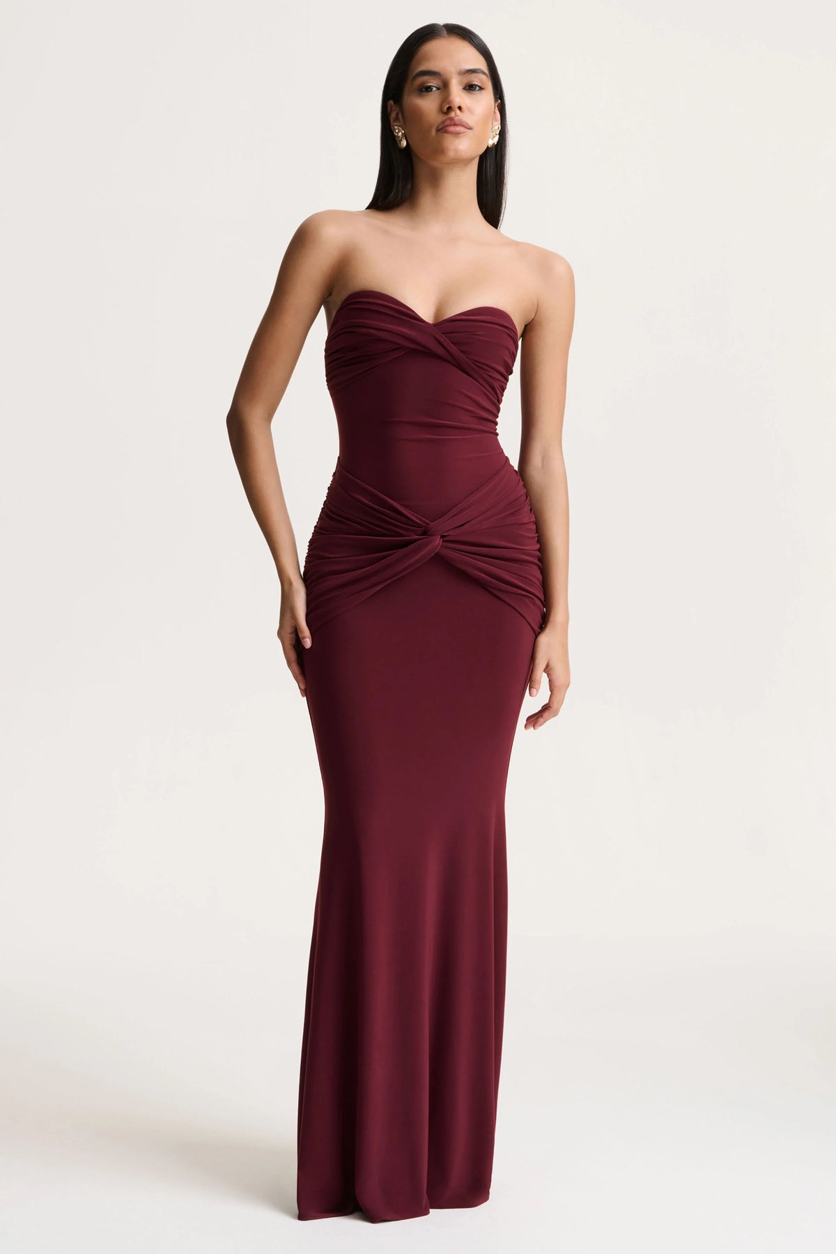 Elodia | Burgundy Bandeau Maxi Dress With Gathered-Detailing