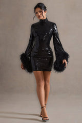 Cupid | Black Sequin High-Neck Mini Dress With Feather Cuffs