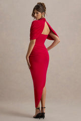 Enchant | Red Asymmetric Twisted Cape Midi Dress