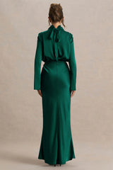 Celina | Bottle Green Satin High-Neck Maxi Dress