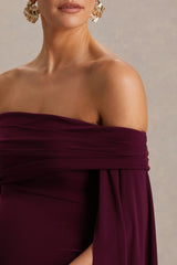 Aquila | Burgundy Bardot Maternity Maxi Dress With Draped Detail
