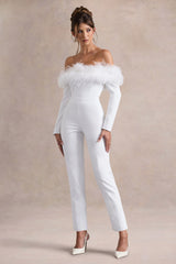 Ales | White Bardot Tailored Straight-Leg Jumpsuit With Feather Trim