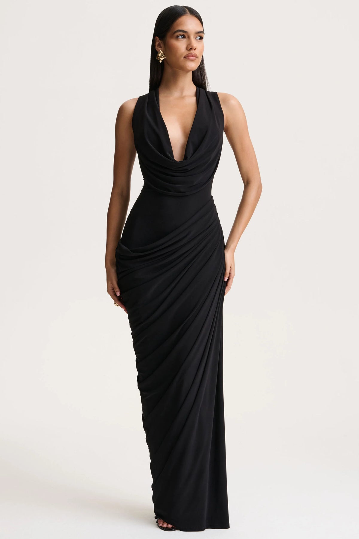 Desiree | Black Plunge-Neck Maxi Dress With Draped Detailing