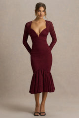 Camilly | Burgundy Lace Plunge-Neck Mermaid Midi Dress