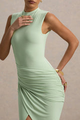 Estella | Light Green Midi Dress With Drape Skirt