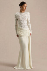 Beau | Ecru Lace Embellished Crew-Neck Maxi Dress With Draped Detail