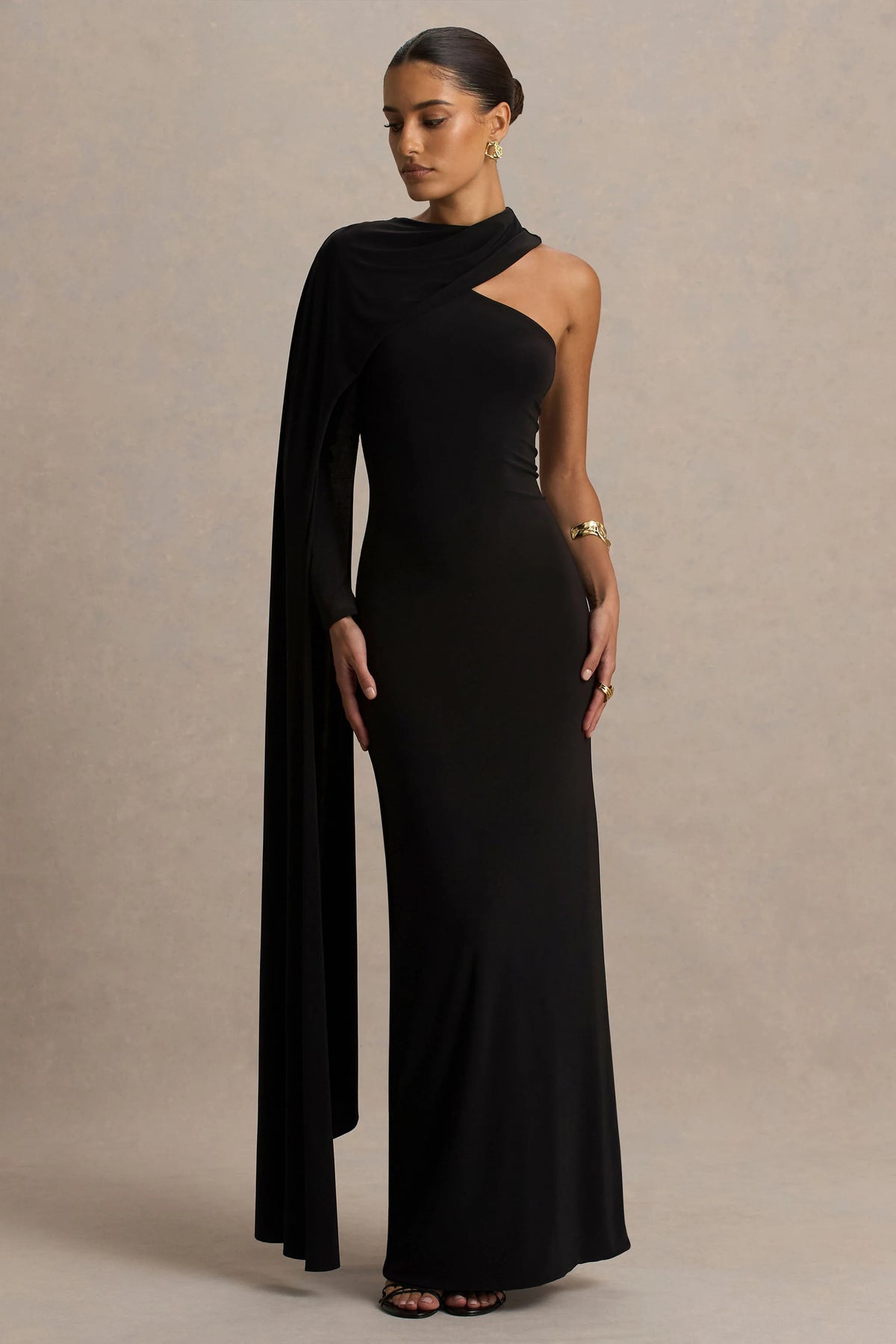 Dawn | Black High-Neck Maxi Dress With One Long Cape-Sleeve