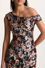 Electric | Black Velvet & Embellished Sequin Floral Asymmetric-Neck Maxi Dress