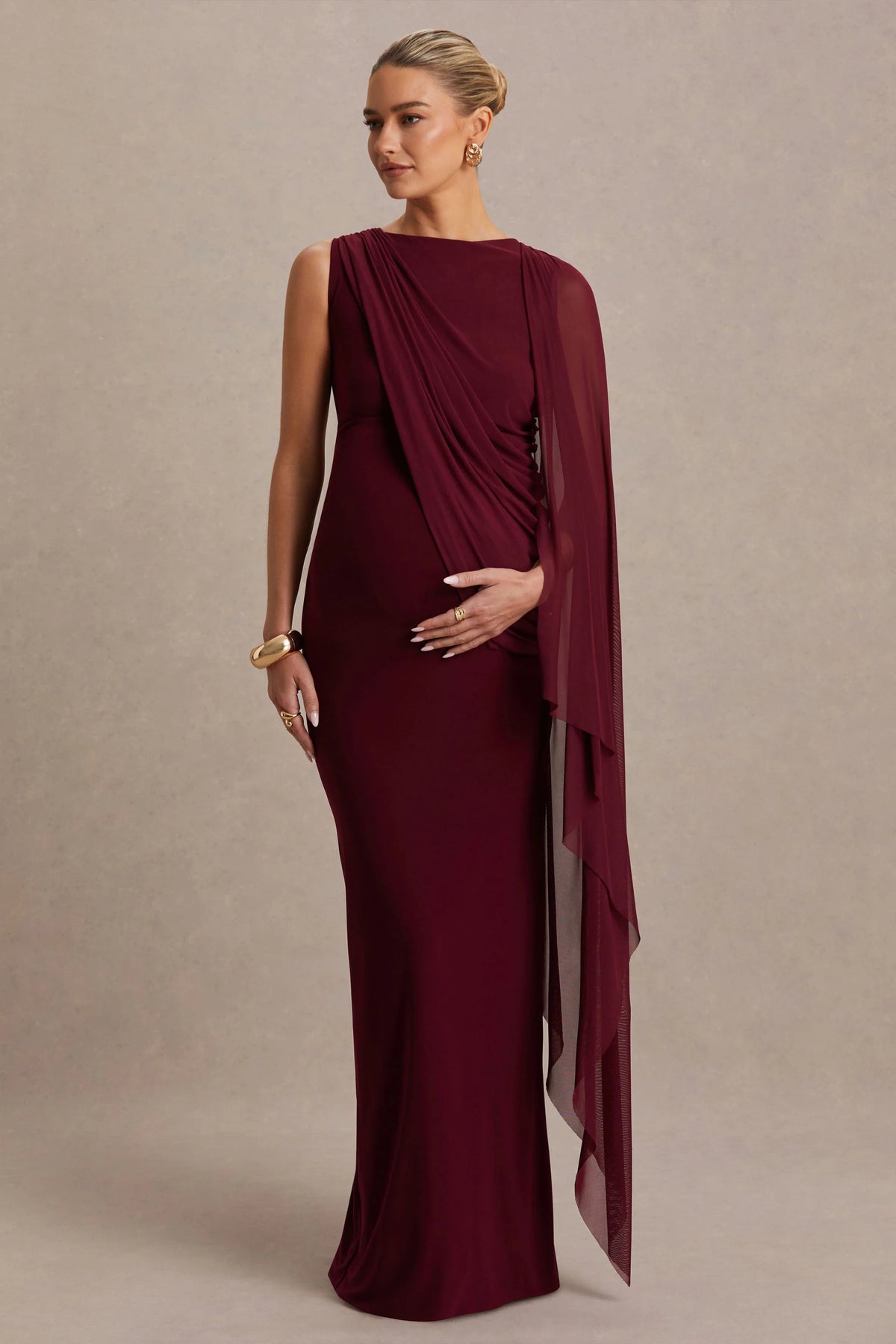 Cristina | Burgundy Slashed-Neck Maternity Maxi Dress With Cape-Sleeve
